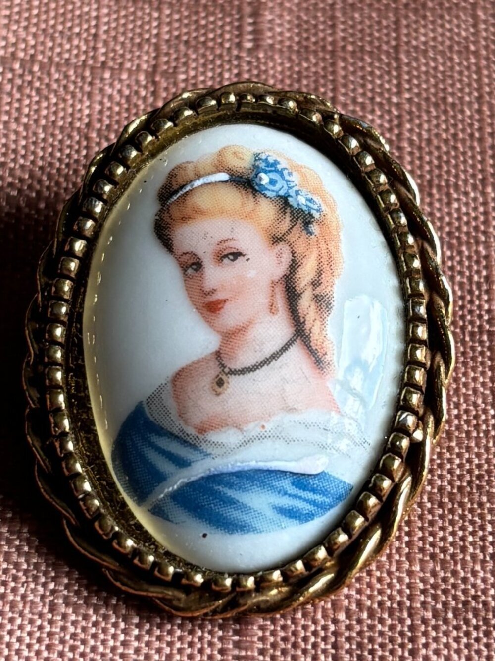 Vintage GOLDETTE NY Limoges Porcelain Portrait Brooch Lady in Blue Dress